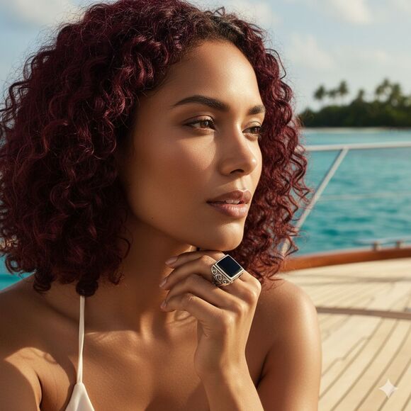 Vintage Silver Tone Black Square Rhinestone Ring • Filigree Swirl Statement NWOT - Picture 2 of 12